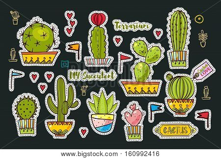 Set Fashion patches, brooches with cacti, hearts, flags. Cute Vector Doodles funny, clothes pins, jacket, stickers, patches, pins, badges. Cartoon style of the 80s, 90s Modern Pop Art Embroidery