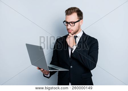 Smth Wrong With My Netbook! Portrait Of Confused Puzzled Serious Pensive Guy Clothed In Suit And Tie