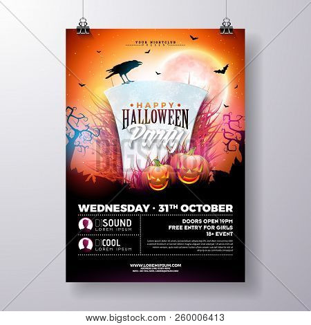 Halloween Party Flyer Vector Illustration With Tombstone And Pumpkins On Mysterious Red Background. 
