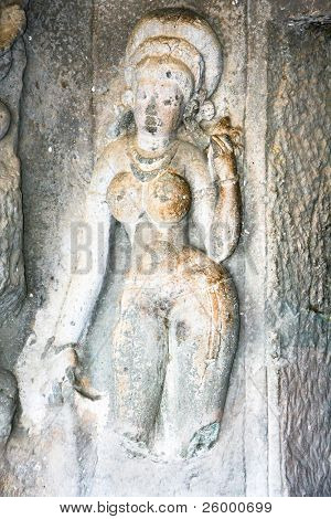 Staty i gamla rock tempel på Ajanta, Maharashtra, Indien