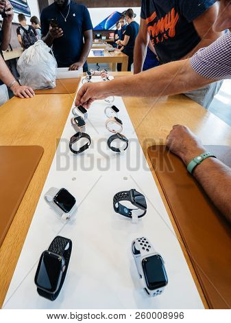 Strasbourg, France - Sep 21, 2018: View From Abovew Of Stand In Apple Store With Customers People Bu