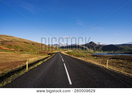 Road N1 in Iceland. Summer Landscape with Mountain View and clear blue sky