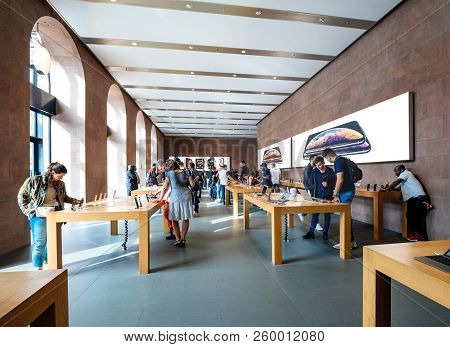 Strasbourg, France - Sep 21, 2018: Wide View Of Apple Store With Customers People Buying Admiring Th