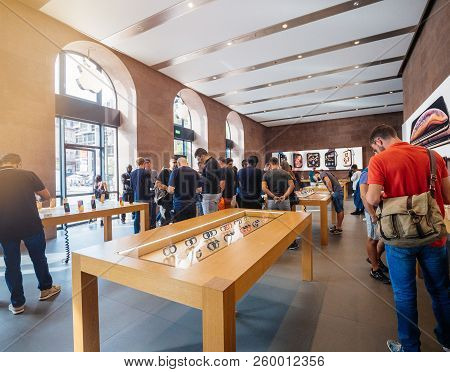 Strasbourg, France - Sep 21, 2018: Apple Store With Customers People Buying Admiring The New Latest 