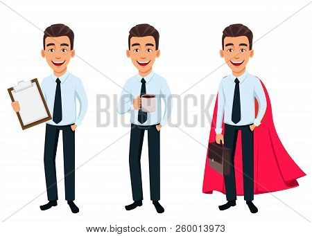 Business Man, Set Of Three Poses. Cartoon Character Holding Clipboard, Holing Coffee And Wearing Sup