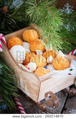 Coconut Cookies Macarons With Copra On A White Background Closeup