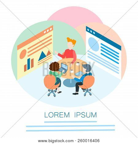 Colleagues Behind The Round Table In The Office For Discussion Of Work, Brainstorming, Coworking, Pl