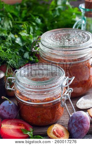 Canned Soup Kharcho In Glass Jars, Selective Focus