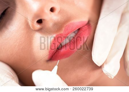 Microblading Technique Applied On Kissable Lips