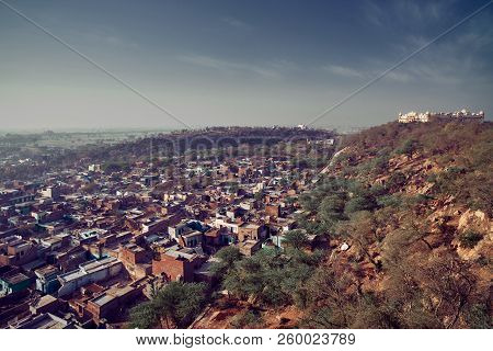 Aerial View Of Shriji Radharani Mandir Indian Temple, And Town Varsana, Barsana. Mathura, Uttar Prad