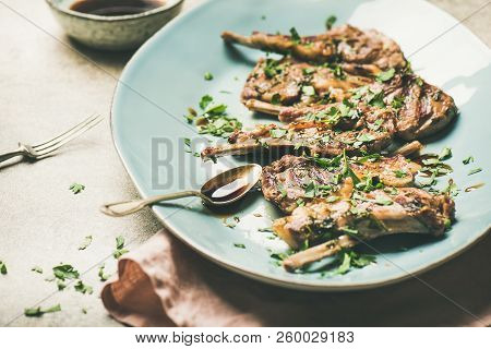 Grilled Lamb Ribs With Green Parsley And Sauce, Horizontal Composition