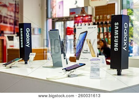Minsk, Belarus, September 1, 2018: Showcase Samsung Galaxy With A Branded Store.