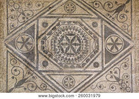 Floor Mosaic Of Colored Stones In Villa Roman Mosaics In Risan, Risana, Boca-kotor Bay, Montenegro