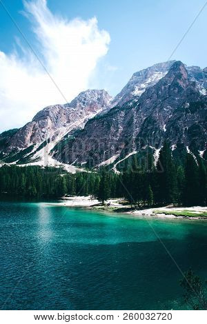 Beautiful View Of Lago Di Braies Or Pragser Wildsee, Trentino Alto Adidge, Dolomites Mountains, Ital