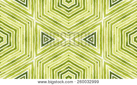 Green Geometric Watercolor. Delicate Seamless Pattern. Hand Drawn Stripes. Brush Texture. Beauteous 