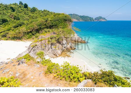 Aerial View point of Tropical white sand beach and snorkel point at cockburn island andaman sea indian ocean Myanmar and Thailand.