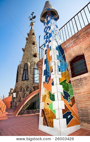 BARCELONA, SPAIN - OCTOBER 2:The arched roof and complex chimney  on  of Palau GÃ¼ell, Gaudi's  masterpieces,  one of  the earlest Gaudi's  masterpieces, on October 02, 2011 in Barcelona, Spain