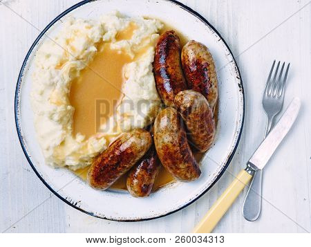 Close Up Rustic English Pub Grub Bangers And Mash