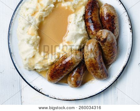 Close Up Rustic English Pub Grub Bangers And Mash