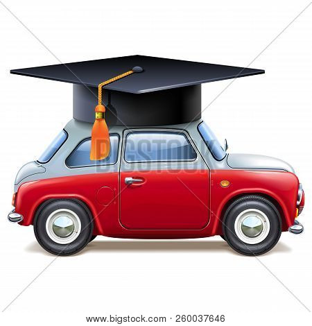 Vector Red Car With Square Academic Cap Isolated On White Background