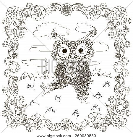 Zentangle, Stylized Black And White Owls Sitting On The Lawn, Clouds, Hand Drawing, For Coloring Boo