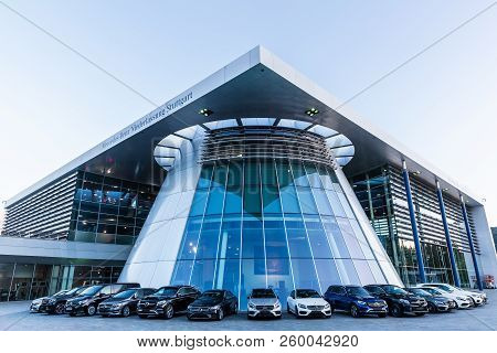 Stuttgart, Germany - September 07, 2018: Mercedes Benz Headquarters At Dusk. Mercedes Benz Is A Glob