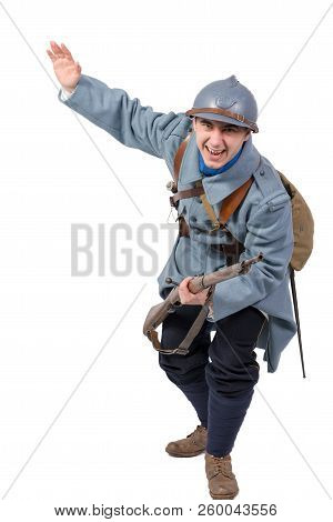 A French Soldier 1914 1918 Attack, November 11th On White Background
