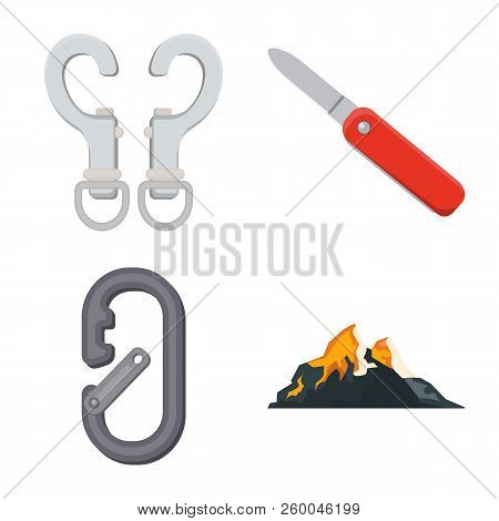 Vector Design Of Mountaineering And Peak Sign. Collection Of Mountaineering And Camp Stock Symbol Fo