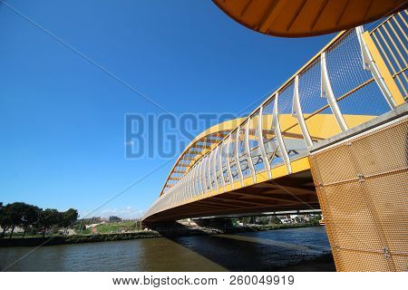 Bright Yellow Bridge Named Hogeweidebrug Over The Amsterdam-rhine Canal In Utrecht For Traffic In Th