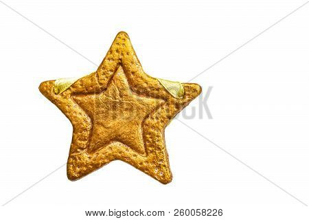 Decorative Golden Star Handmade From Dough Isolated On A White Background