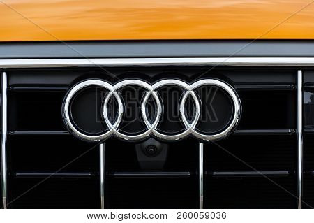 Prague, Czech Republic - September 22 2018: Audi Company Logo On Car On September 22, 2018 In Prague
