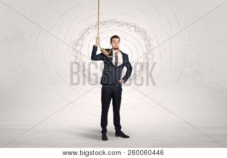 Burnout young elegant businessman trying to suicide with doodle concept