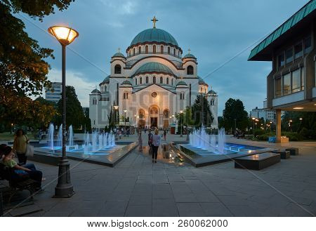 Belgrade, Serbia - May 04, 2018: Belgrade Citizens And Tourists Have Evening Walk Near Temple Of Sai