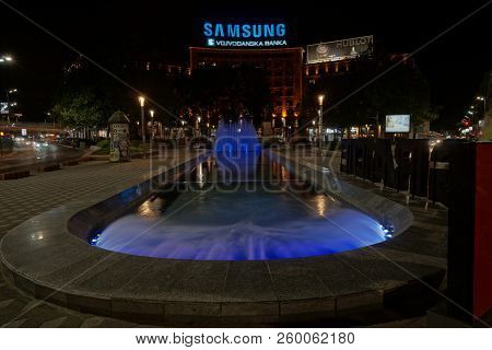 Belgrade, Serbia - May 04, 2018: Blue Light Illuminated Fountain At Trg Nikole Pasica Square At Nigh