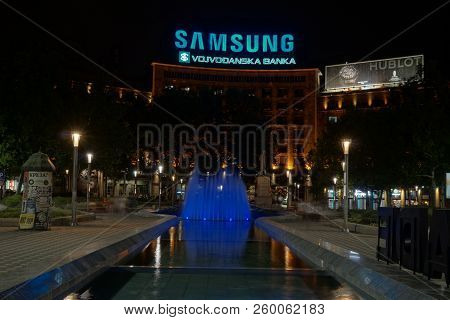 Belgrade, Serbia - May 04, 2018: Blue Light Illuminated Fountain At Trg Nikole Pasica Square At Nigh