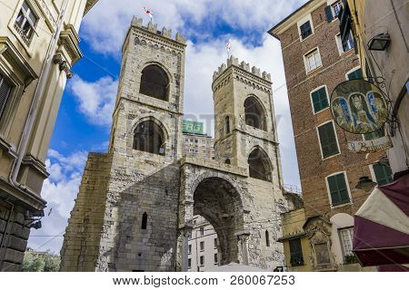 Genoa, Italy - April 29, 2017: Detail Of The Porta Soprana In Genoa, Italy. This Monumental Gate Was