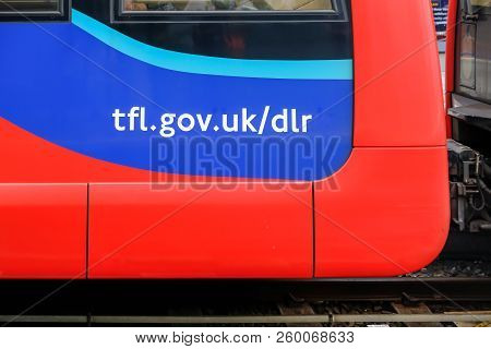 London, Uk - August 18, 2018: The Dlr Website Address Seen On The Side Of A Dlr Carrage Of A Train S