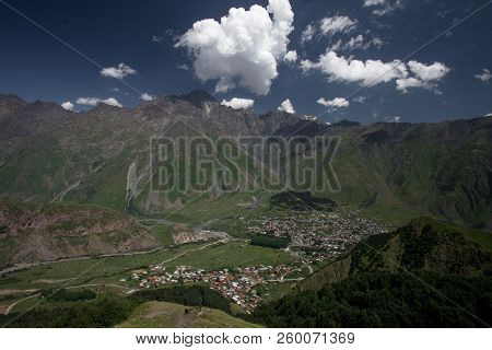Stapantsminda And Mountain, Georgia Border Russia Region Kazbeg