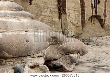 Sci-fi Other Worldly Dystopian Background Of Folds Of Rounded Cement Concrete With Sandstone Wall De