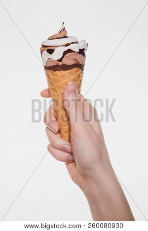Leisure Lifestyle Pleasure Concept. Vertical Close Up Photo Of Tasty Delicious Yummy Icecream In Cri