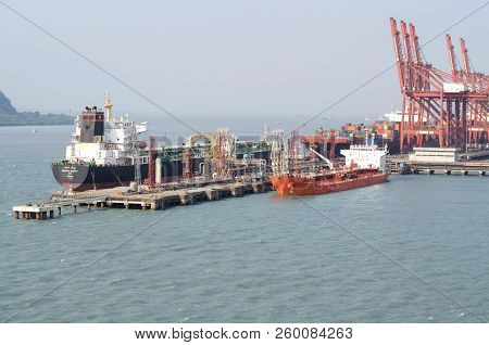 Nhava Sheva, India - March 09: Three Cargo Vessels In The Port Of Nhava Sheva On March 09, 2018 In N