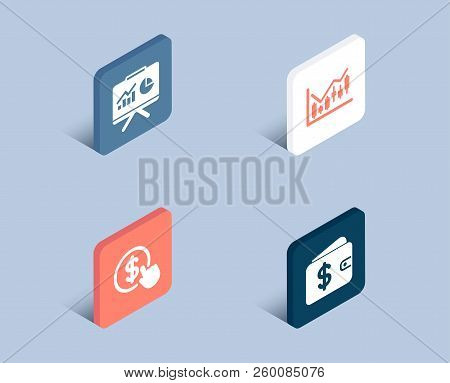 Set Of Buy Currency, Financial Diagram And Presentation Icons. Dollar Wallet Sign. Money Exchange, C