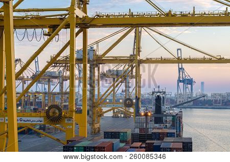 Jebel Ali, United Arab Emirates - March 16: Container Terminal In Port Of Jebel Ali On March 16, 201