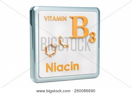 Vitamin B3, Niacin. Icon, Chemical Formula, Molecular Structure On White Background. 3d Rendering