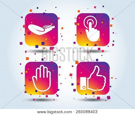 Hand Icons. Like Thumb Up Symbol. Click Here Press Sign. Helping Donation Hand. Colour Gradient Squa
