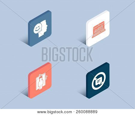Set Of Good Mood, Elevator And Web Analytics Icons. Stop Talking Sign. Positive Thinking, Lift, Stat