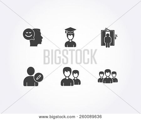 Set Of Elevator, Student And Couple Icons. Edit User, Good Mood And Group Signs. Lift, Graduation Ca