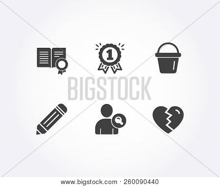 Set Of Diploma, Find User And Pencil Icons. Reward, Bucket And Break Up Signs. Document With Badge, 