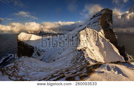 Kallur Lighthouse On Kalsoy Island At Sunny Day, Faroe Islands