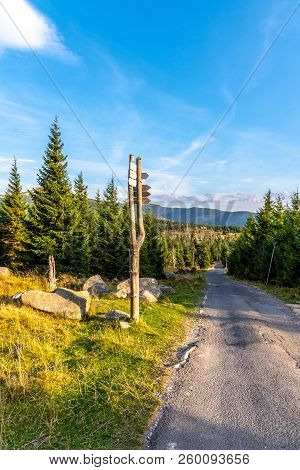 Tourist Signpost In The Middle Of Mountain Landscape, Giant Mountains, Krkonose, Czech Republic